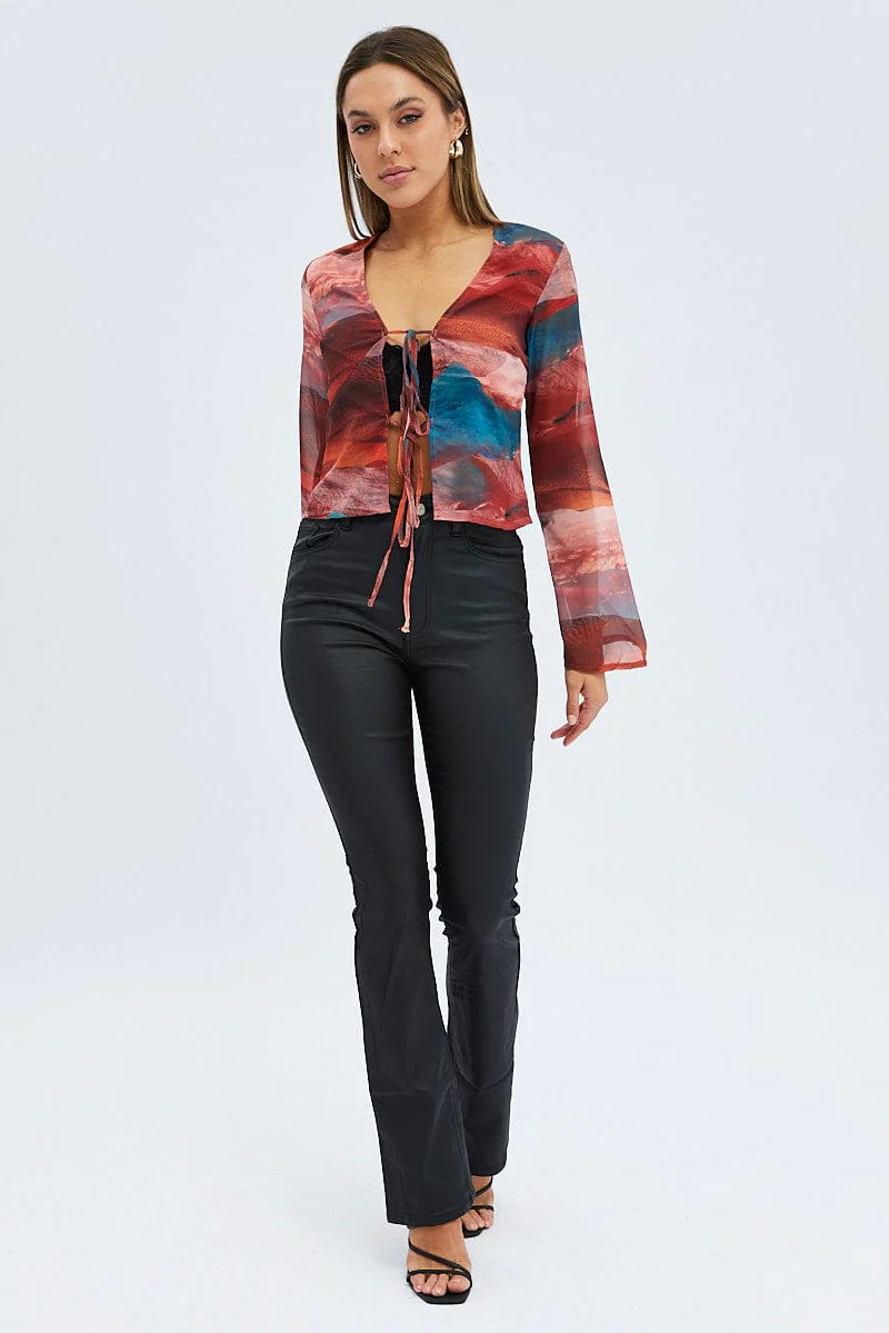 Multi Abstract Top Long Sleeve V-Neck Tie Front