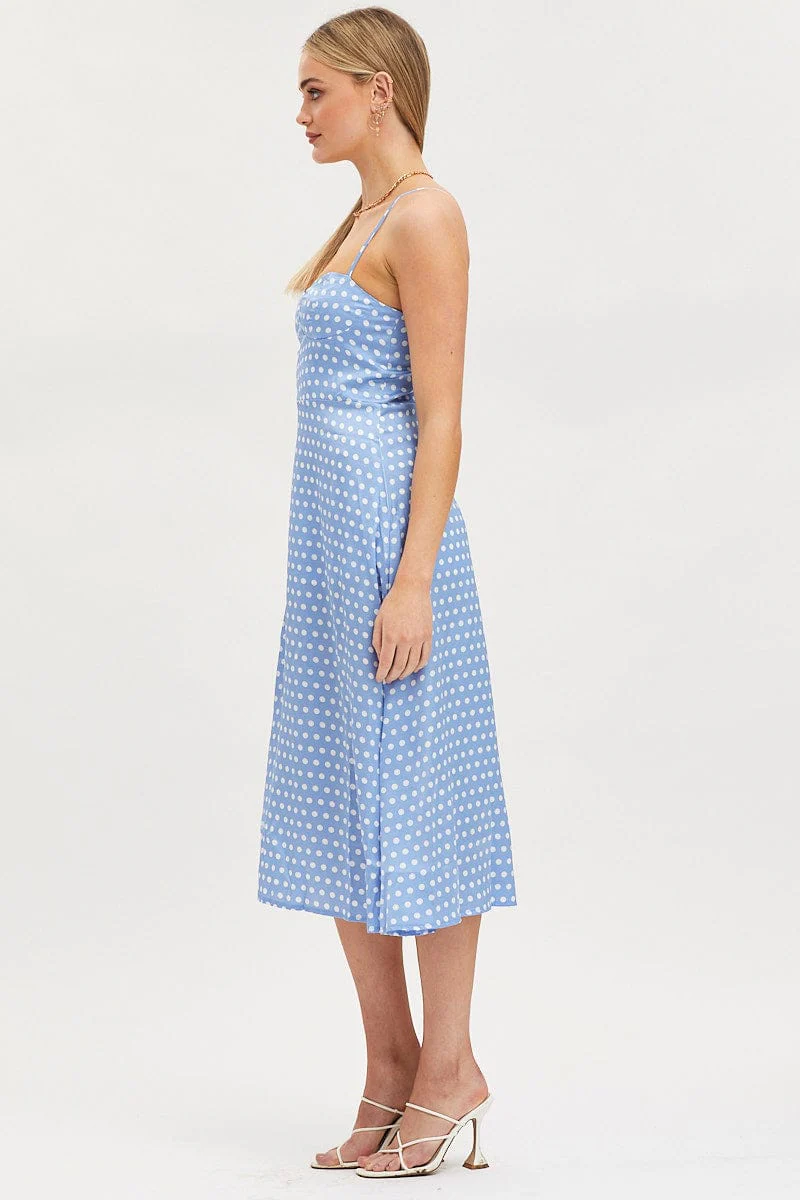 Polka Dot Midi Dress Sleeveless Sweetheart Neckline