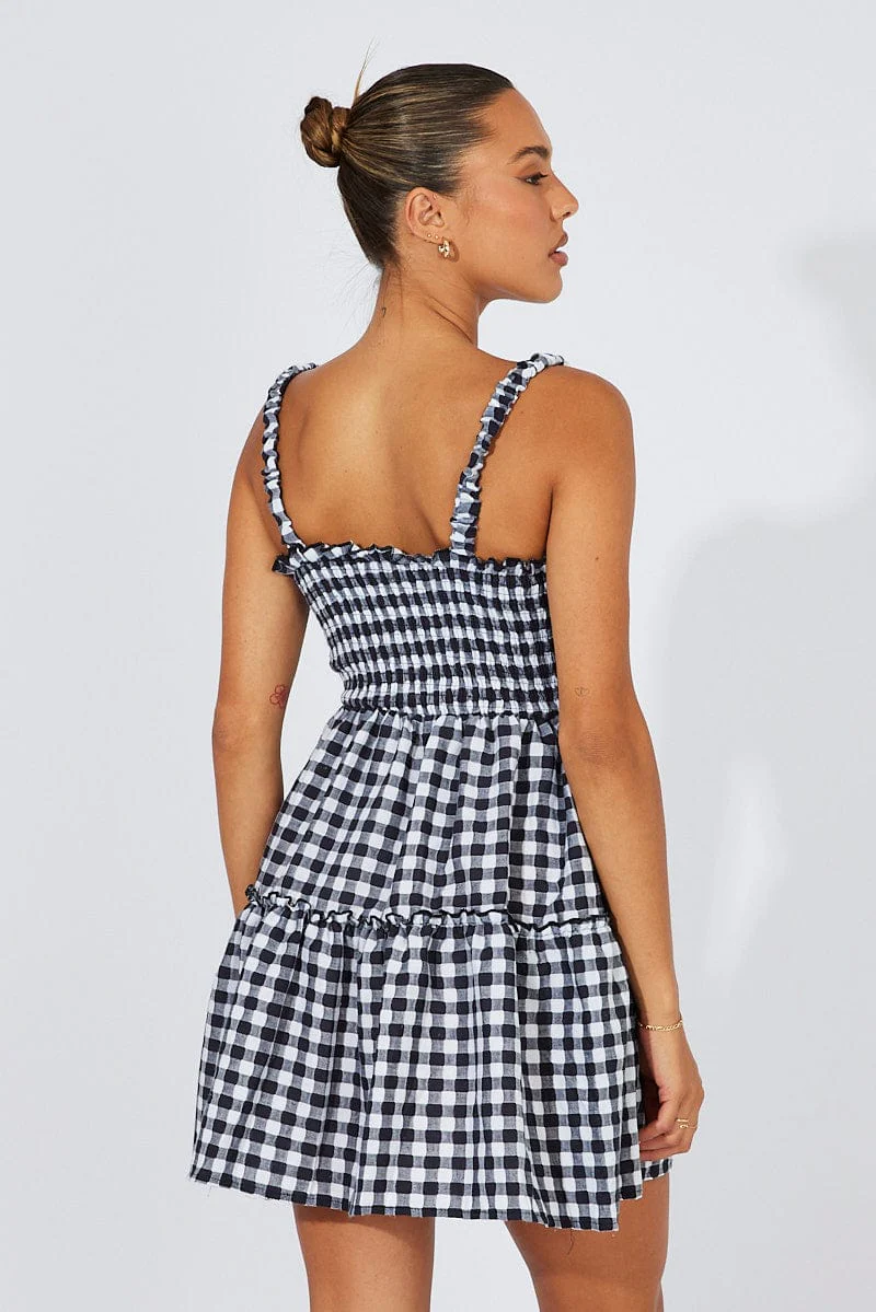 Black Check Fit And Flare Dress Shirred Bust Mini