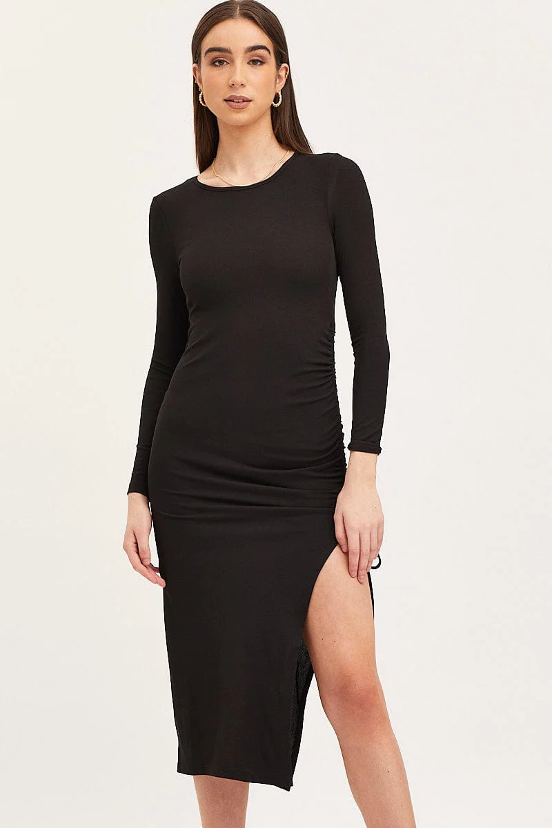 Black Midi Dress Long Sleeve Bodycon