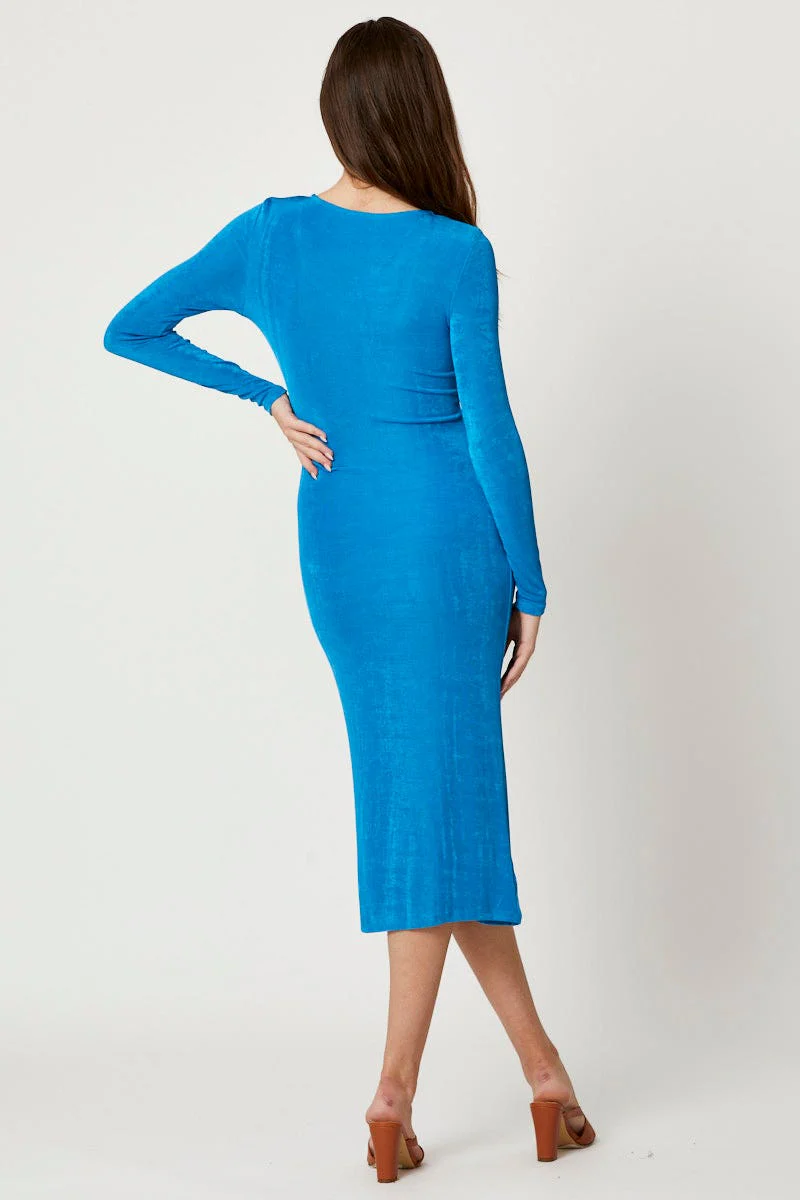 Blue Button Front Slinky Midi Dress