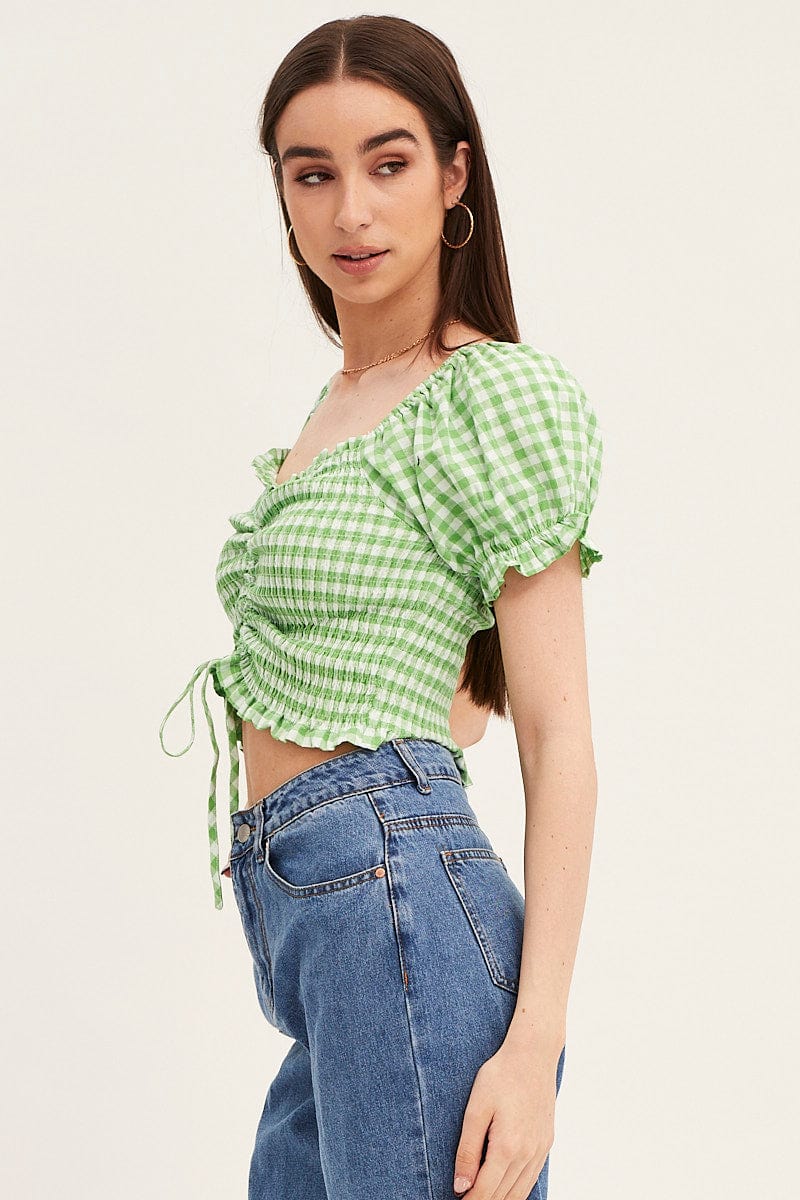 Check Crop Top Short Sleeve Ruched Front