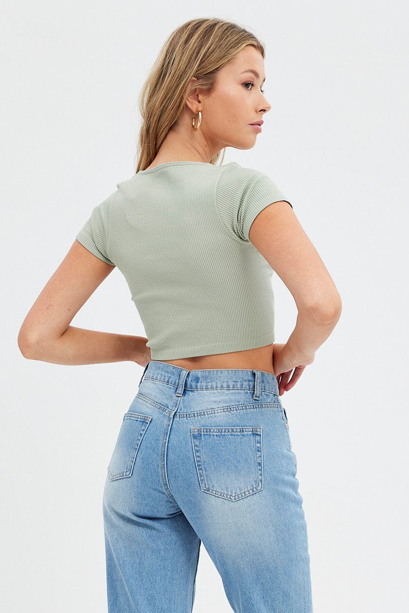 Green T Shirt Short Sleeve V Neck Seamless