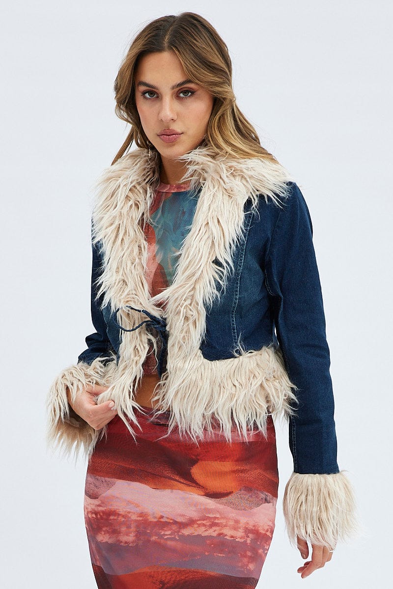 Denim Jacket Long Sleeve Faux Fur Tie Front Washed Denim