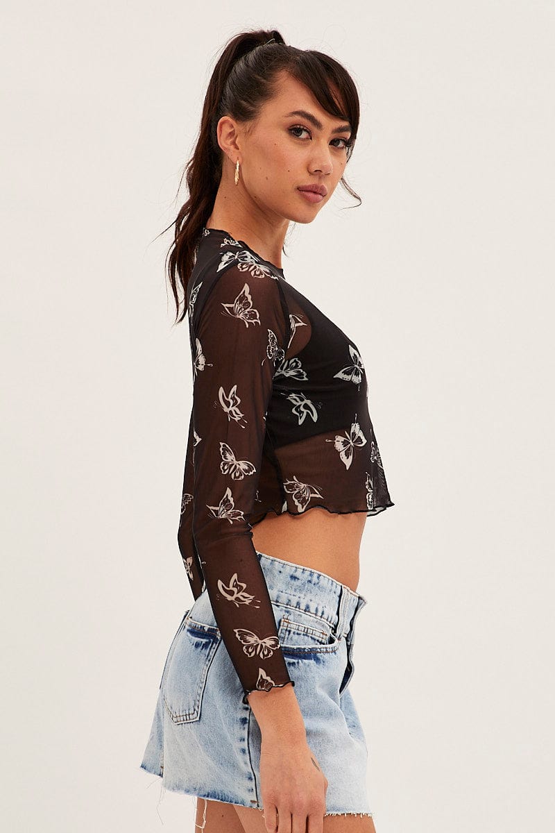 Black Mesh Long Sleeve Crop Top