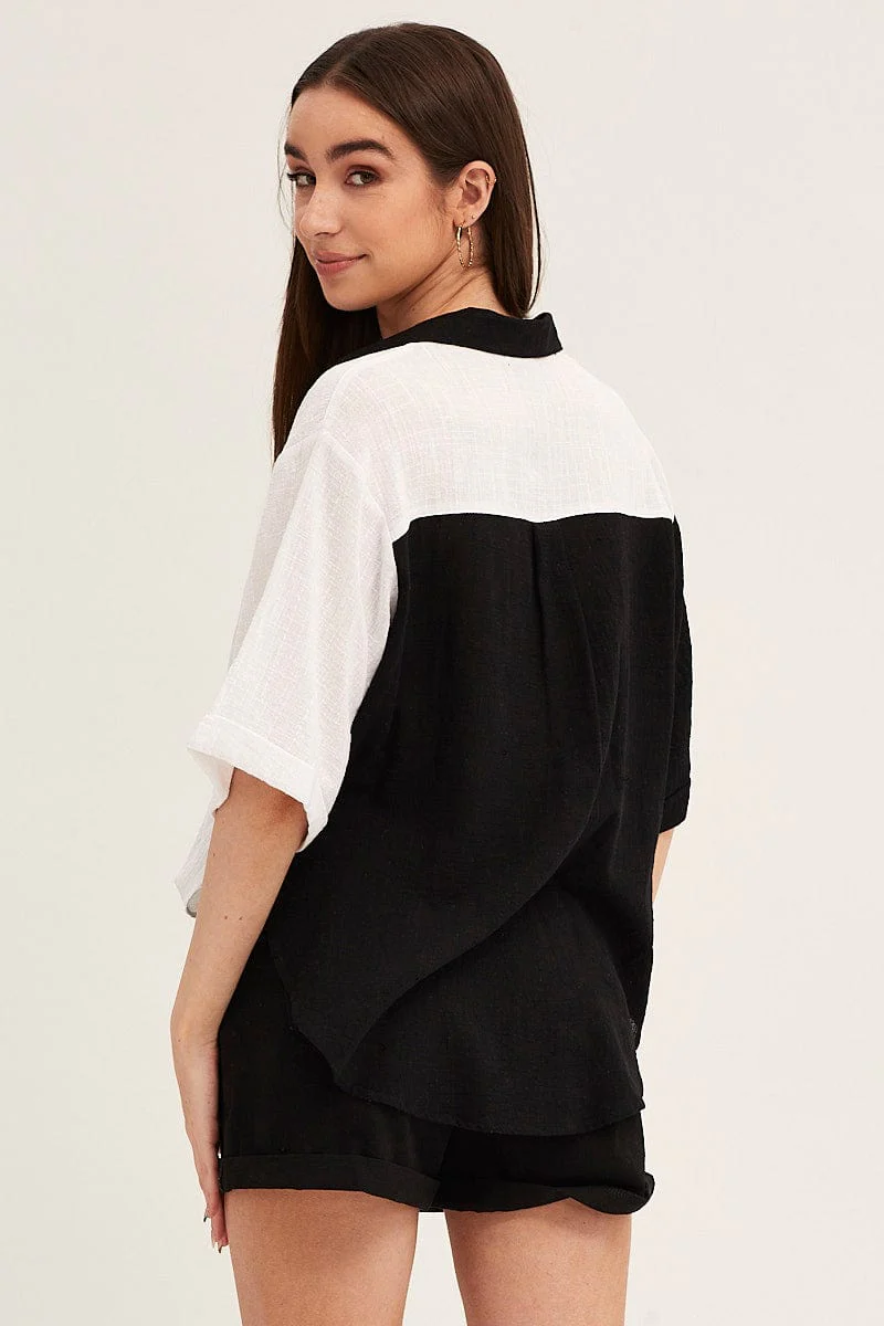 Black Mono Cotton Half Sleeve Relaxed Shirt