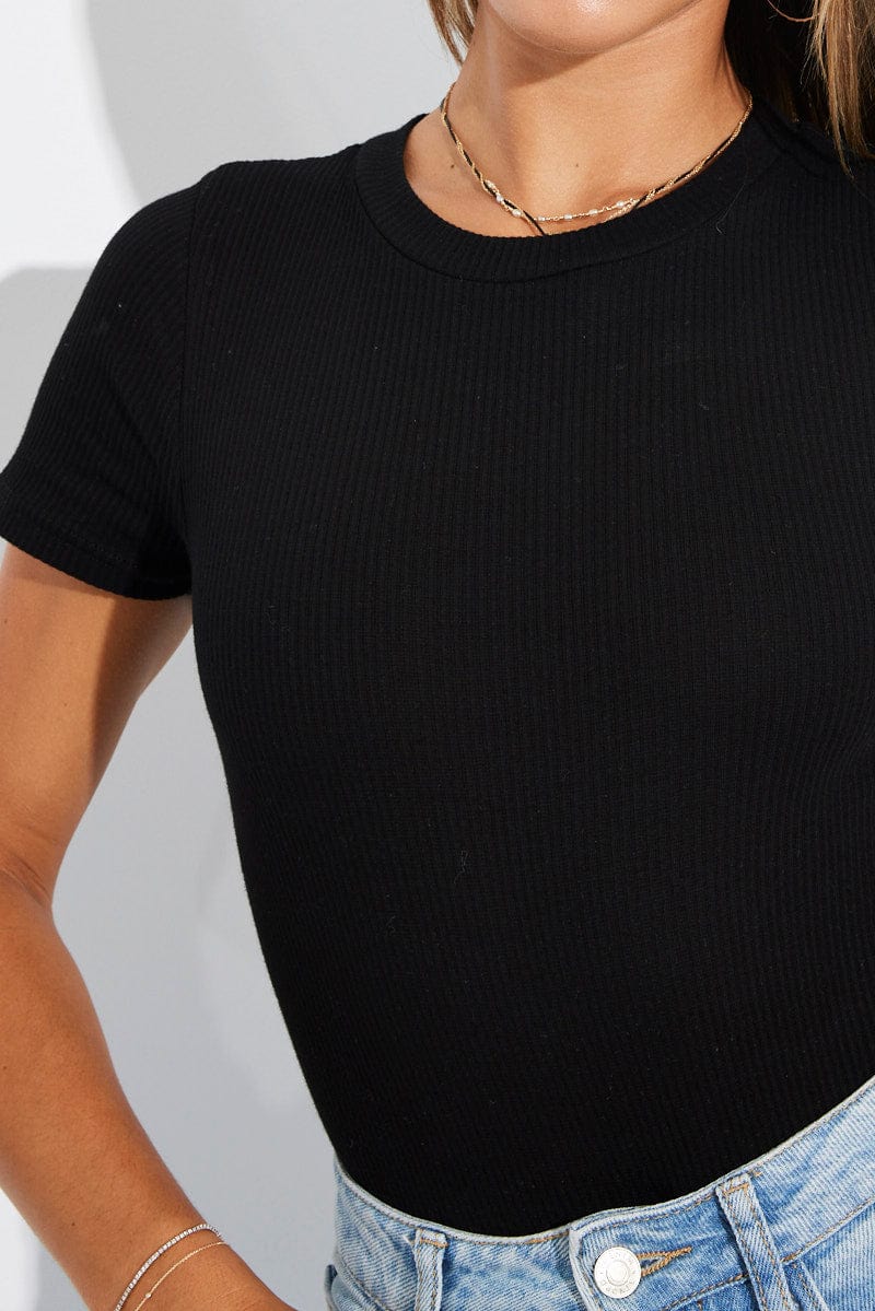Black Bodysuit Short Sleeve Crew Neck Rib Jersey