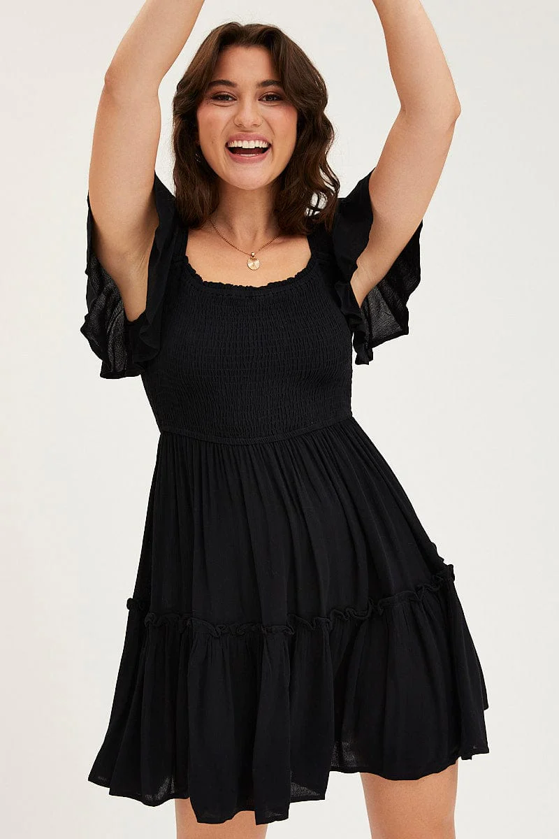 Black Skater Dress Short Sleeve Mini