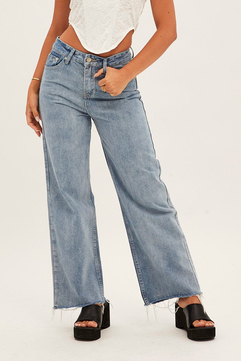 Blue Denim Jeans High Rise Wide Leg
