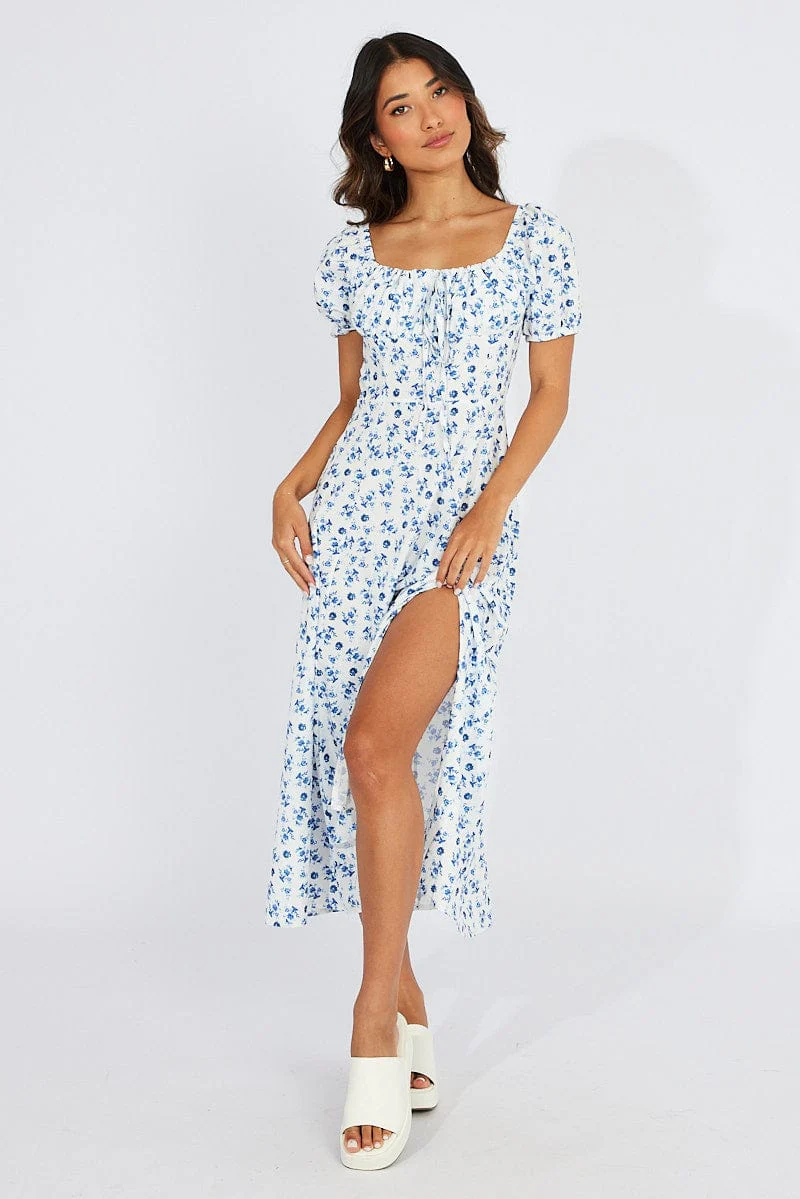 Blue Floral Ruched Bust Midi Dress Short Sleeve