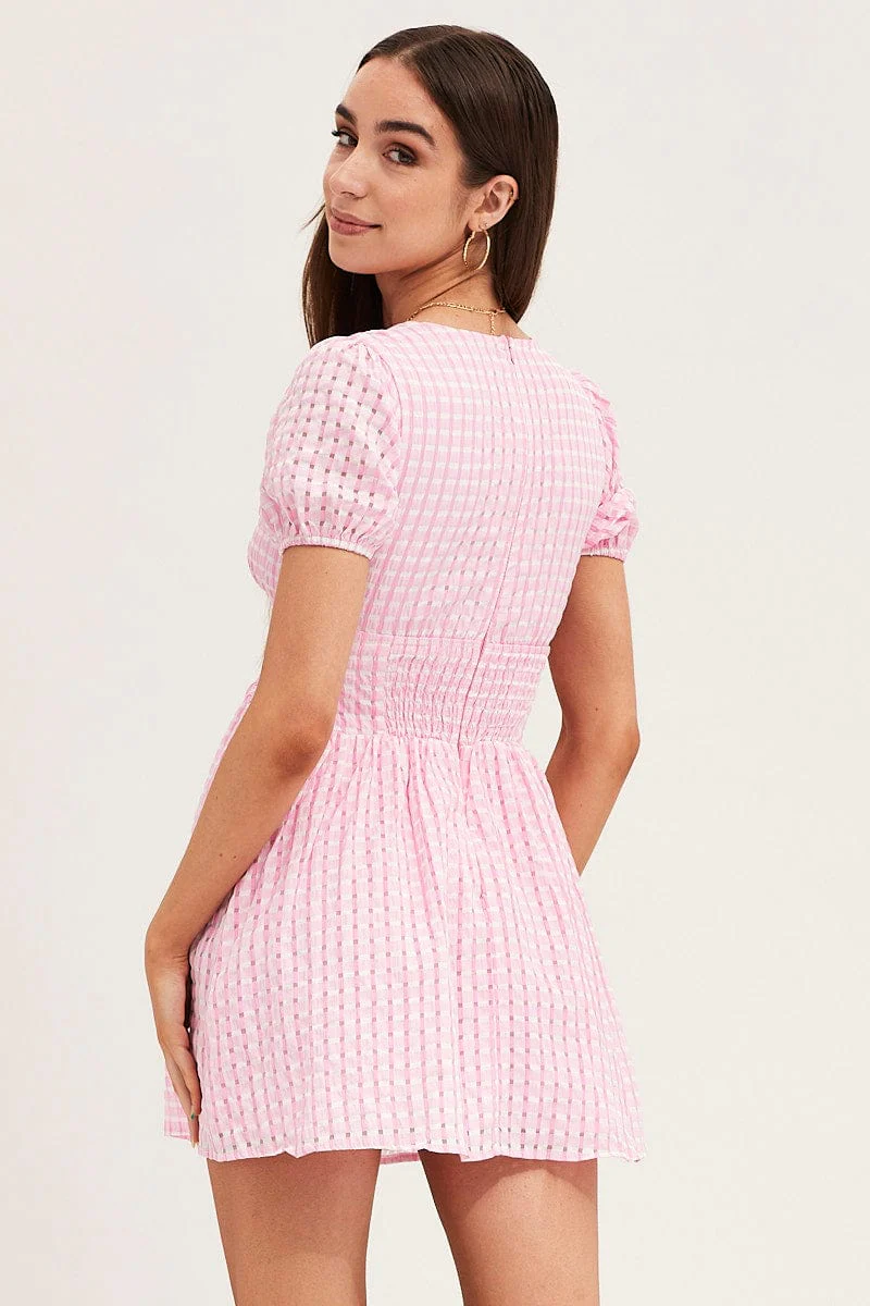 Check Skater Dress Short Sleeve Mini V Neck