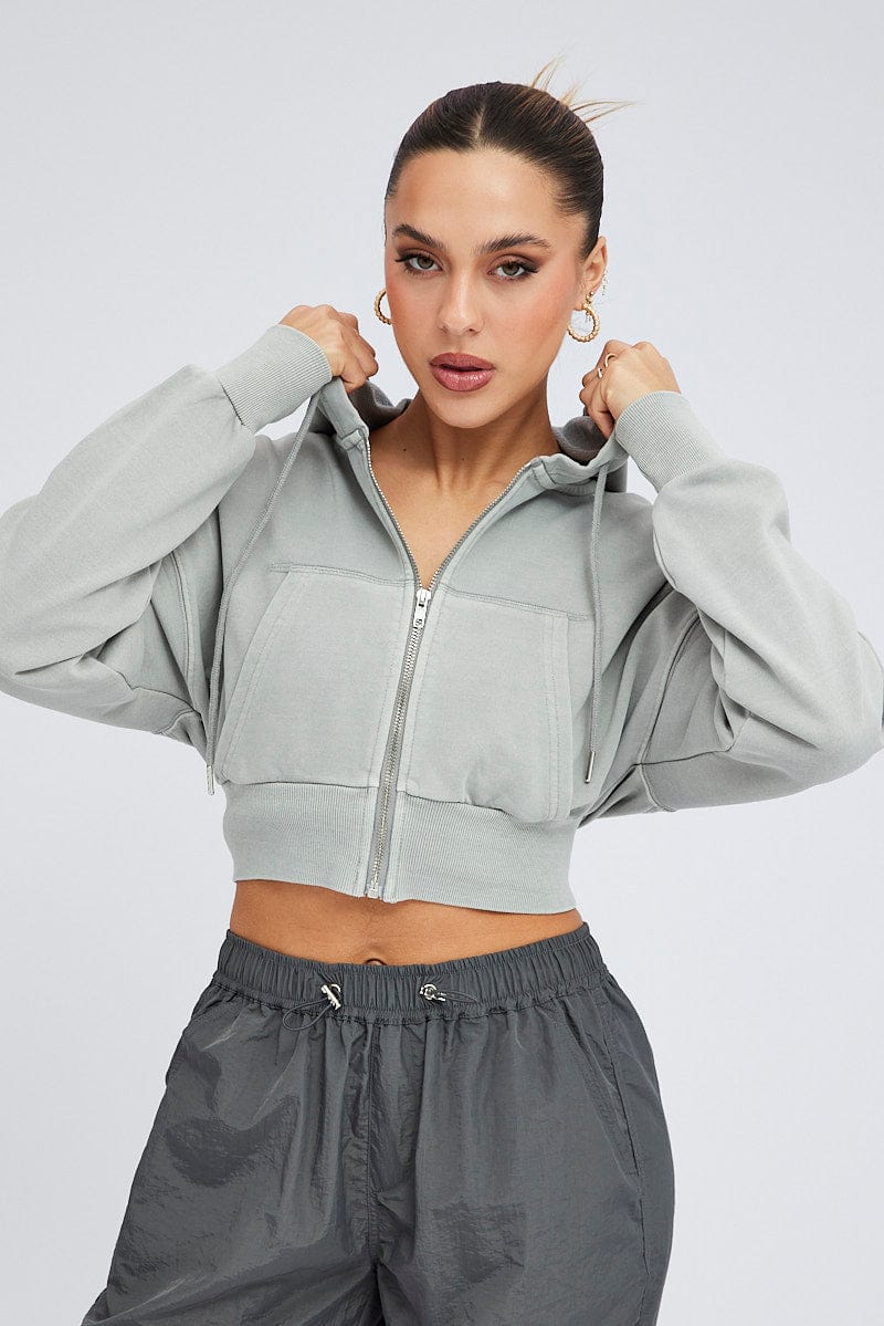 Grey Zip Hoodie Long Sleeve Crop