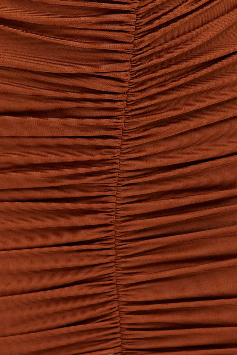 Brown Twist Front Ruched Bodycon Dress