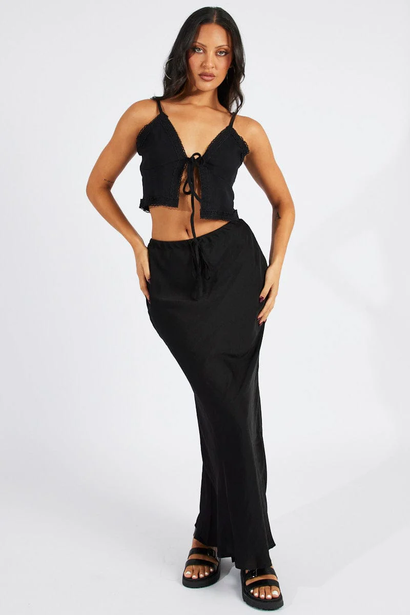 Black Drawstring Satin Maxi Skirt