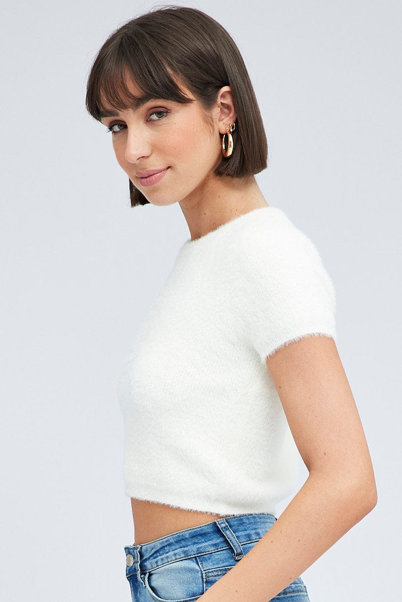 White Fluffy Knit Top Short Sleeve Crew Neck