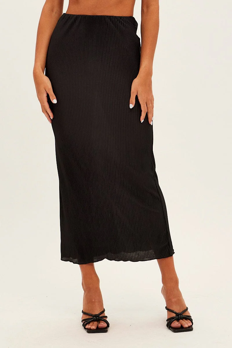 Black Plisse Skirt Maxi High Rise