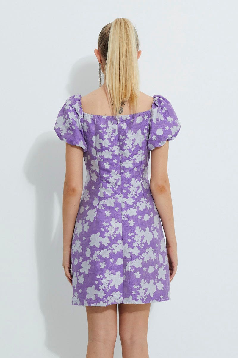 Print Designer Jacquard Puff Shoulder Dress