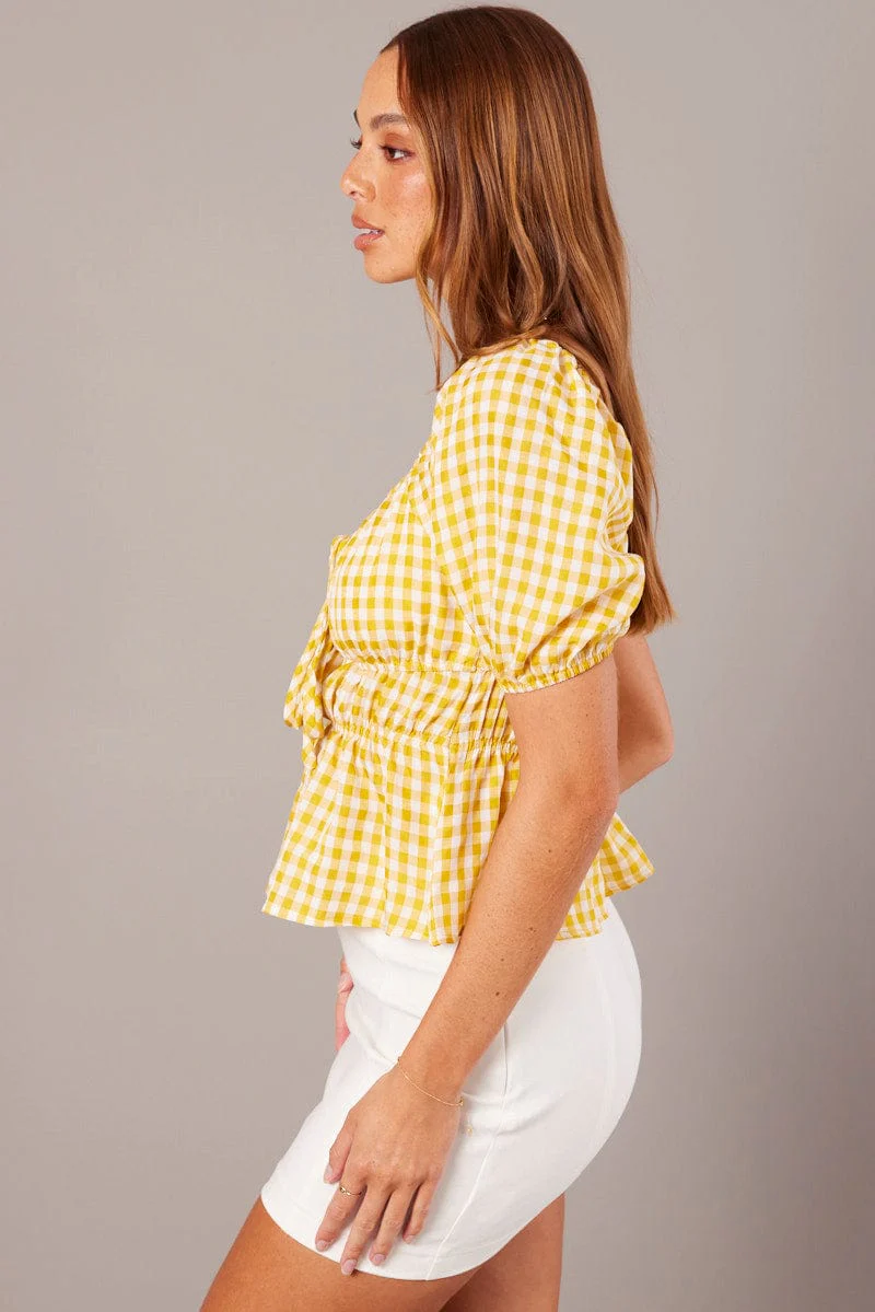 Yellow Check Ruched Peplum Top Short Sleeve