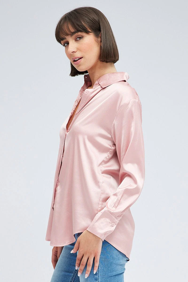 Pink Shirt Long Sleeve Collared Neck Satin