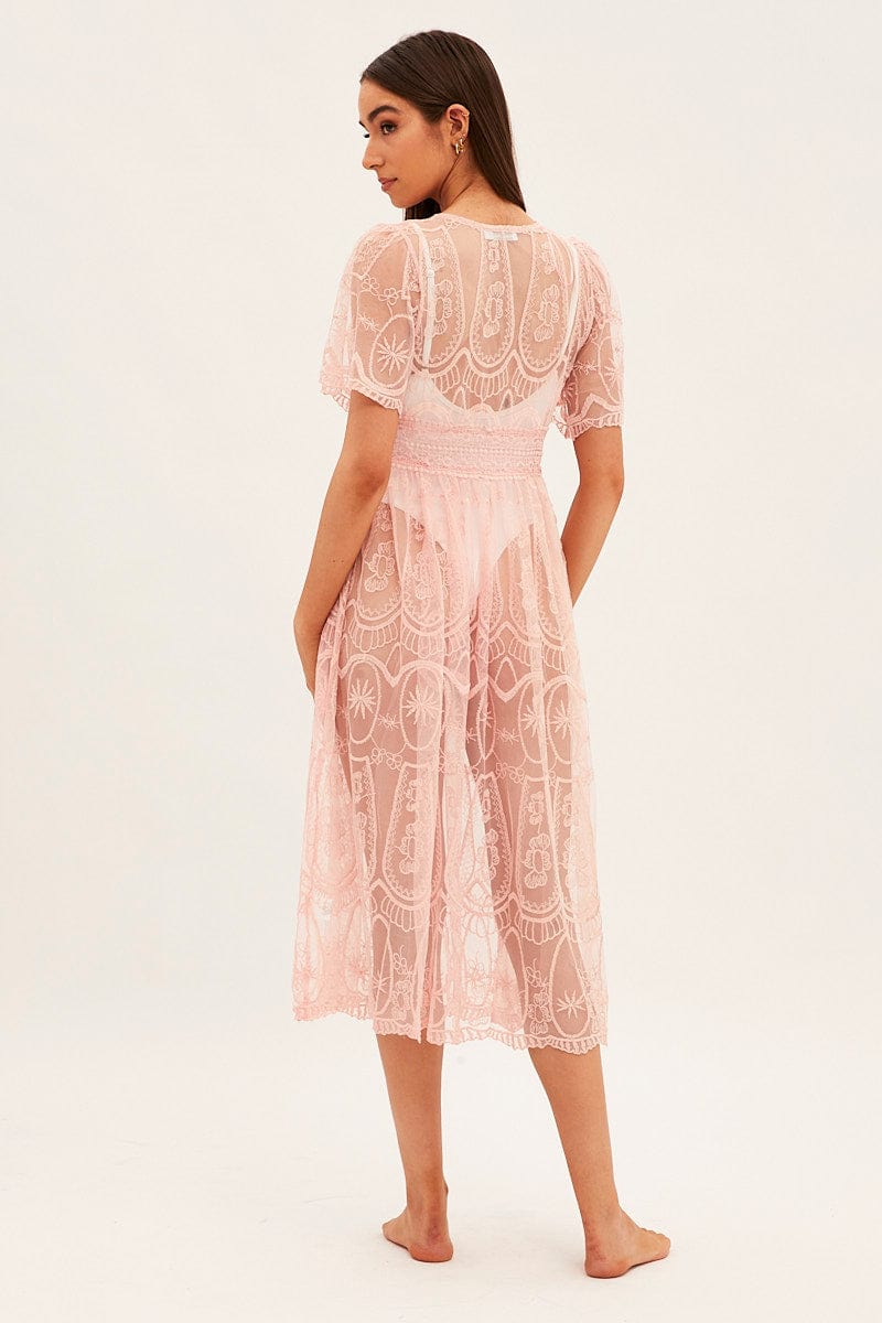 Pink Lace Kimono Short Sleeve Tie Front Longline