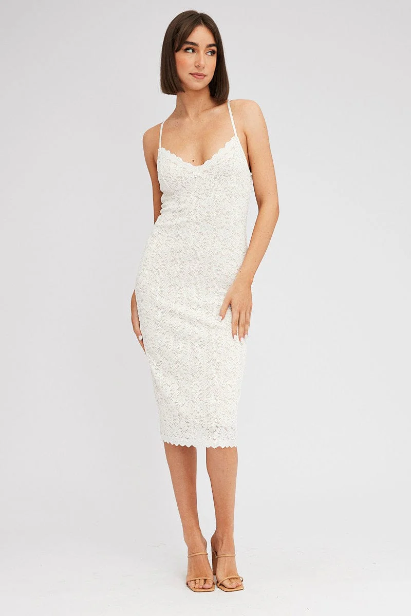 White Midi Dress Sleeveless V-Neck Bodycon Lace Stretch