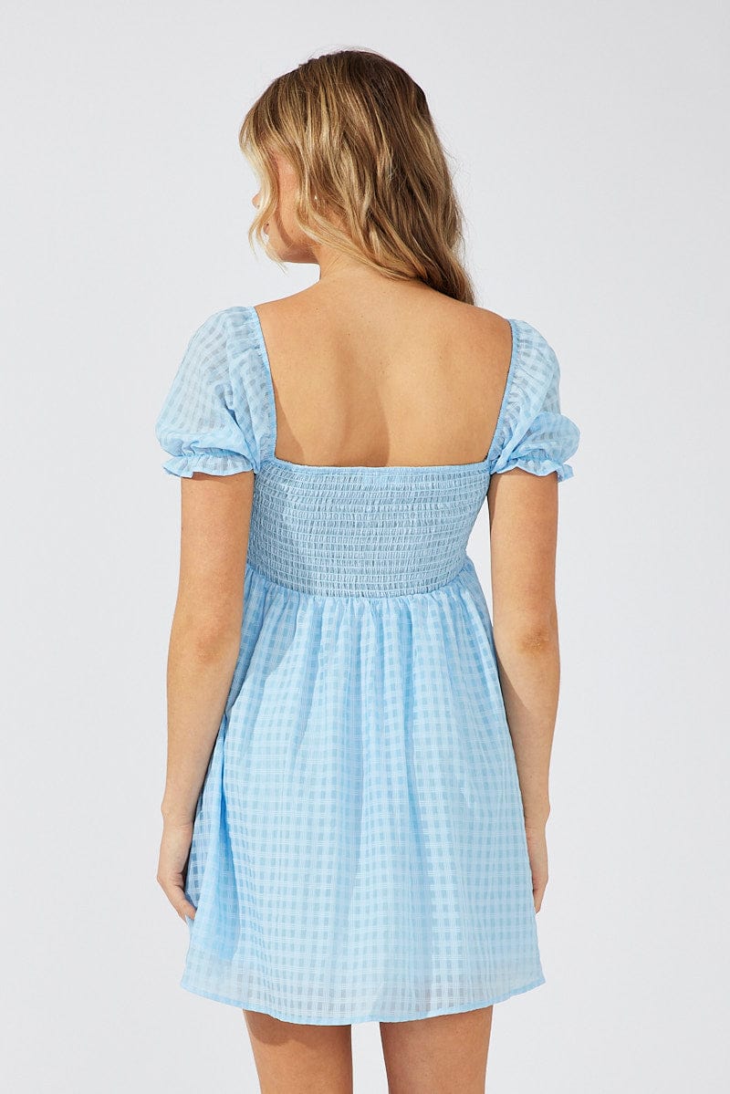 Blue Fit and Flare Dress Short Sleeve Self Check