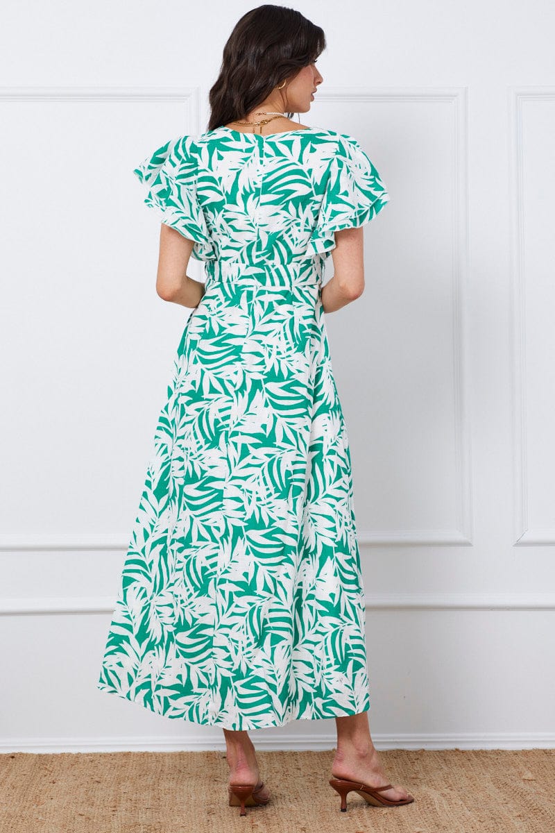 Trop Print Wrap Dress Short Sleeve Maxi