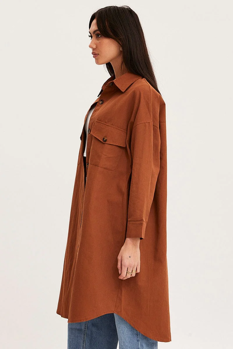 Brown Oversized Shirts Long Sleeve Collared