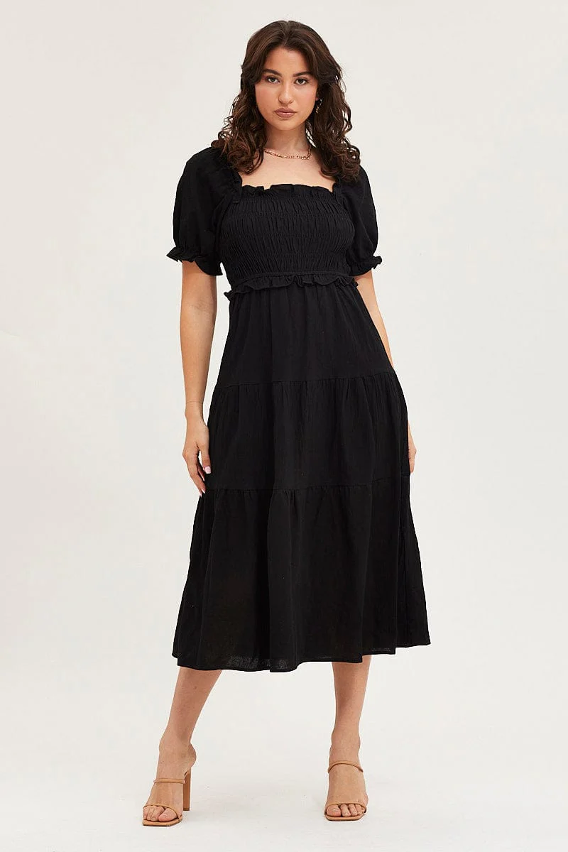 Black Shirred Dress Puff Sleeve Maxi