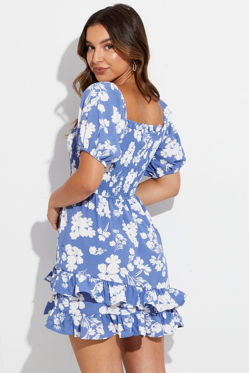 Blue Floral Dress Short Sleeve Skater Floral Print