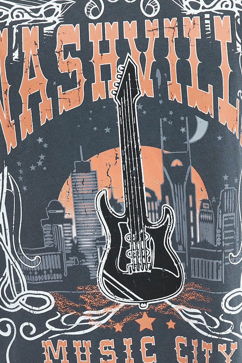 Black Tee Short Sleeve Round Neck Graphic Print