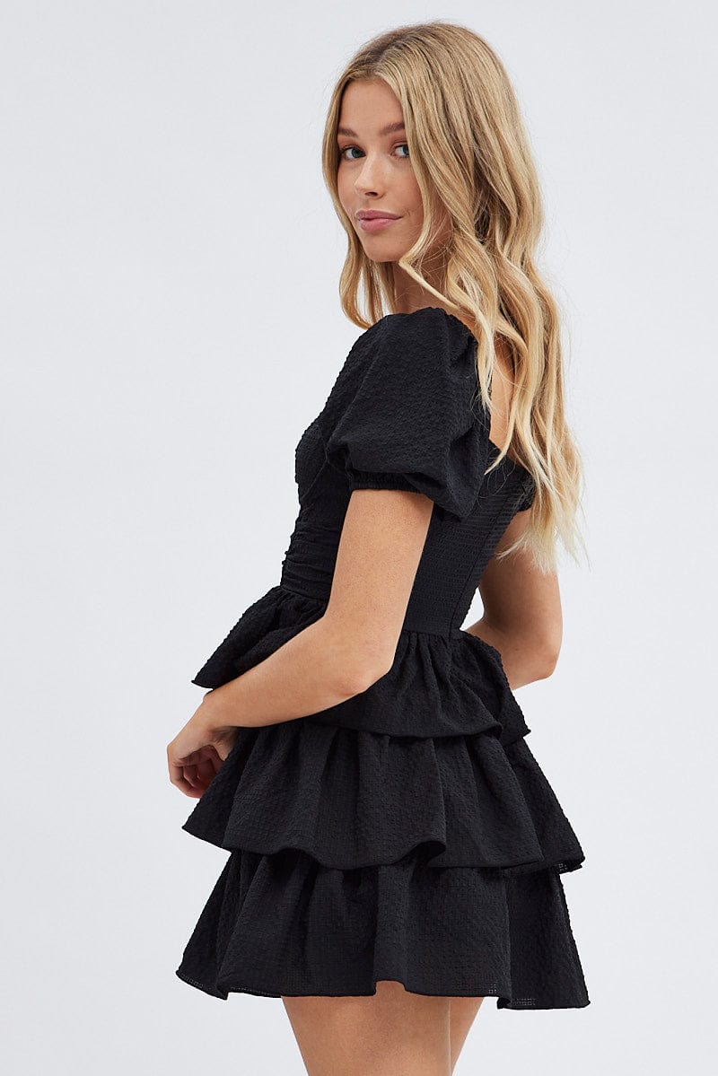 Black Corset Dress Puff Sleeve Tiered Bustier Dress