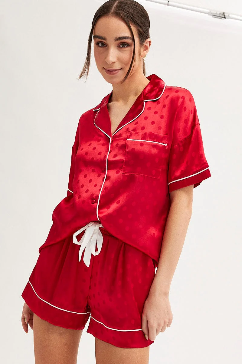 Red Polka Dot Pyjamas Set Short Sleeve Collared Shorts Satin