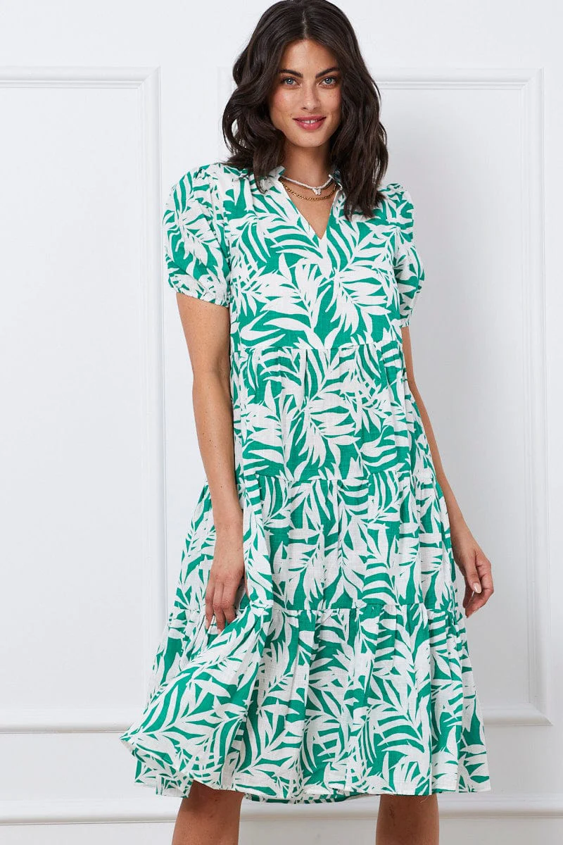 Trop Print Midi Dress Short Sleeve