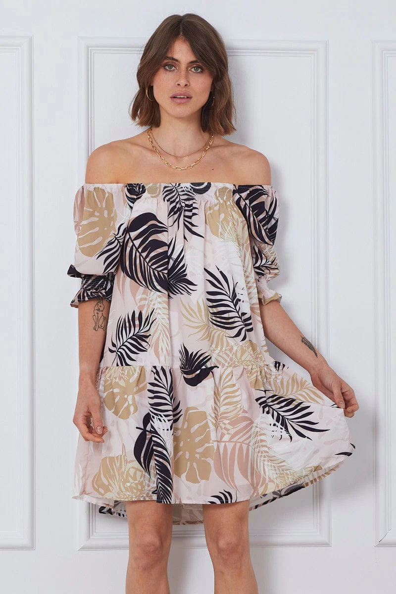Trop Print Mini Dress Off Shoulder