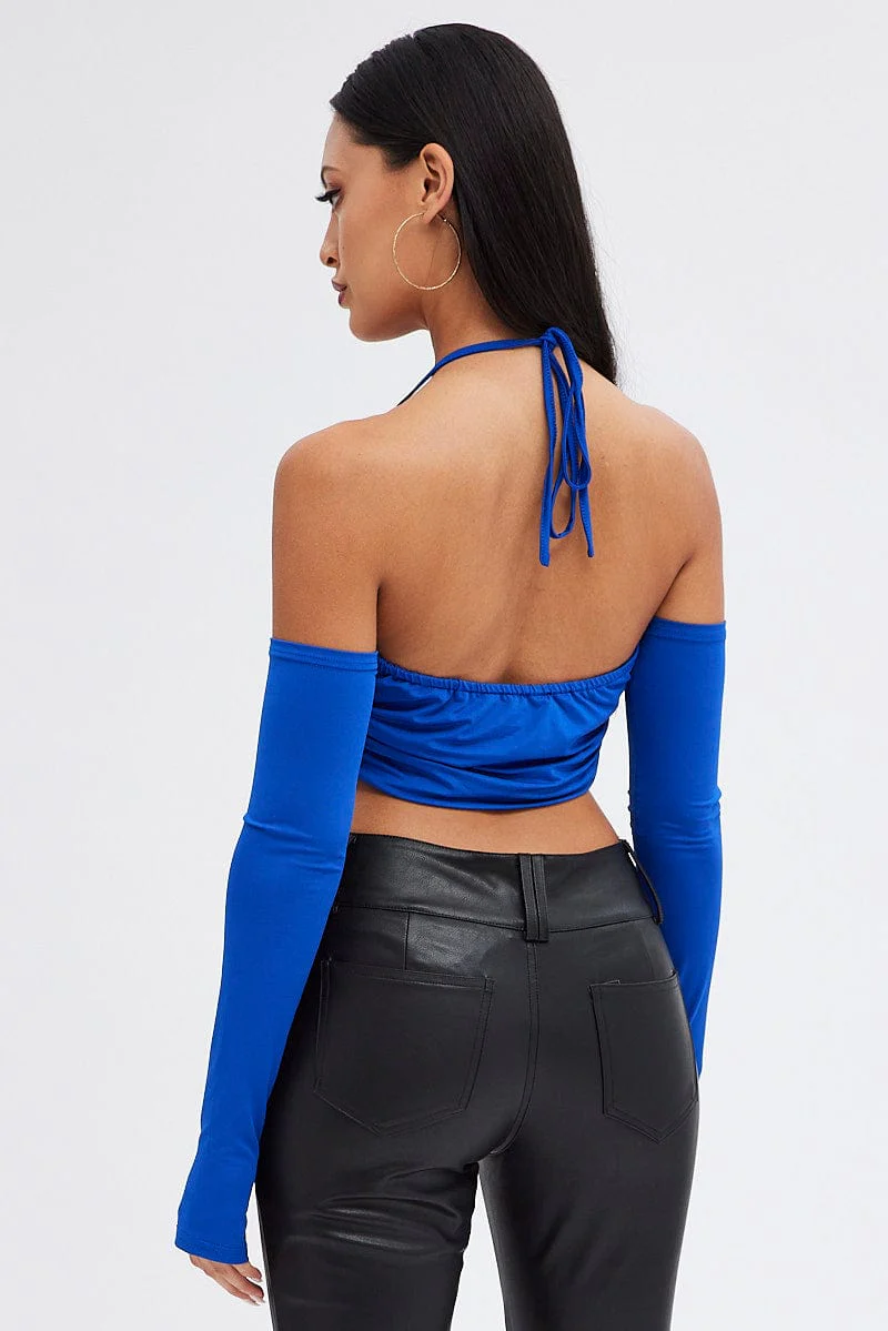 Blue Halter Top Long Sleeve Crop Top