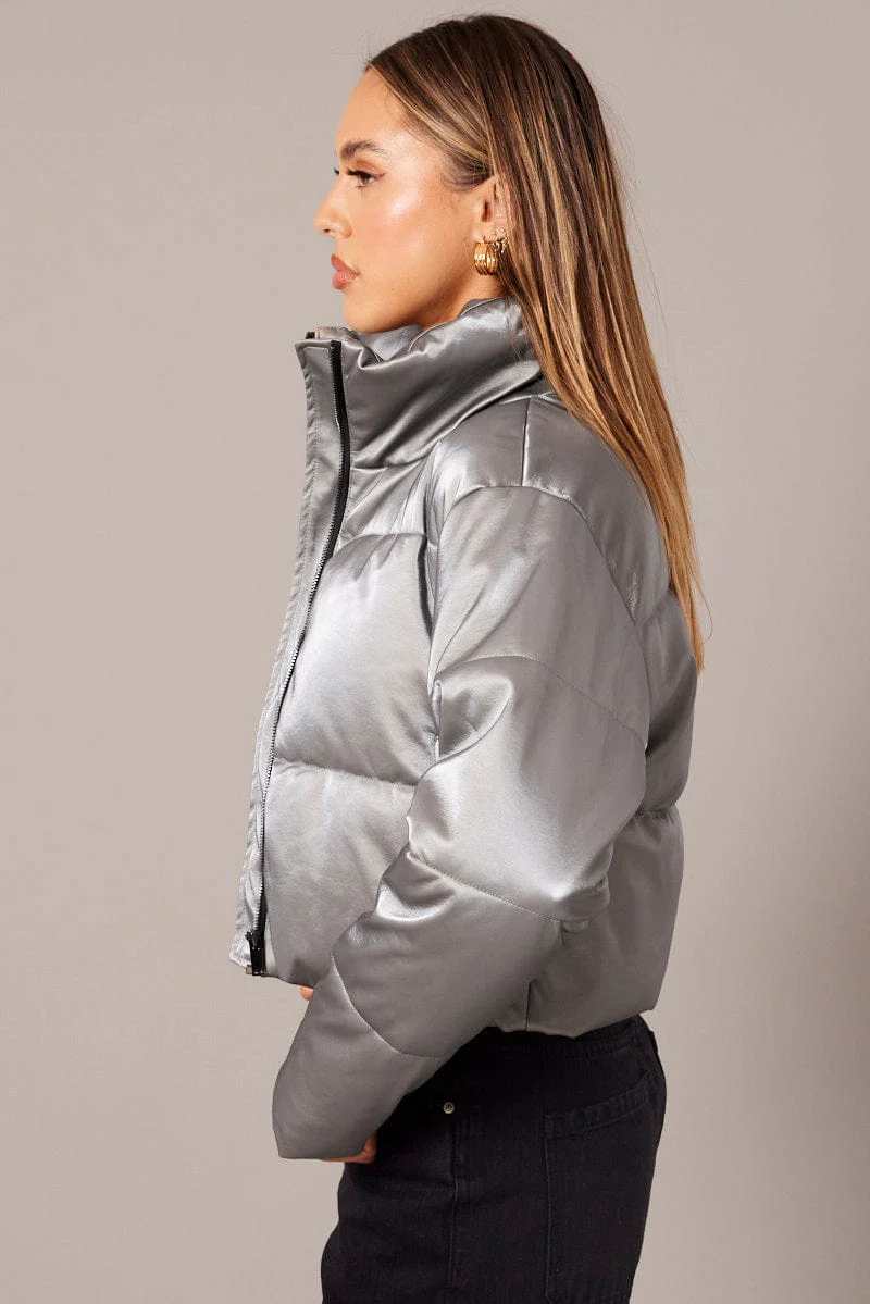 Grey Jacket Zip Thru Long Sleeves Silver