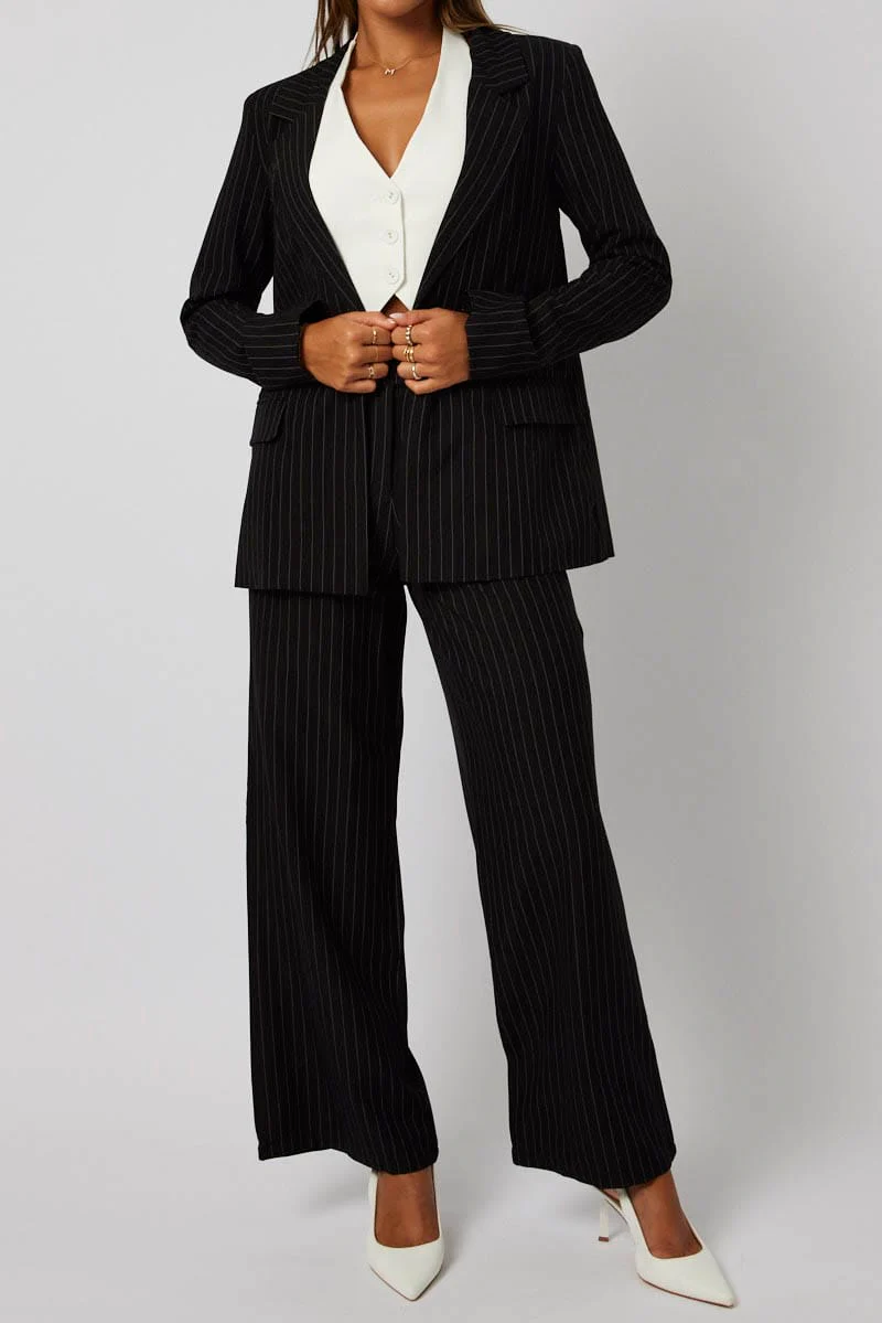 Black Stripe Wide Leg Pants High Rise