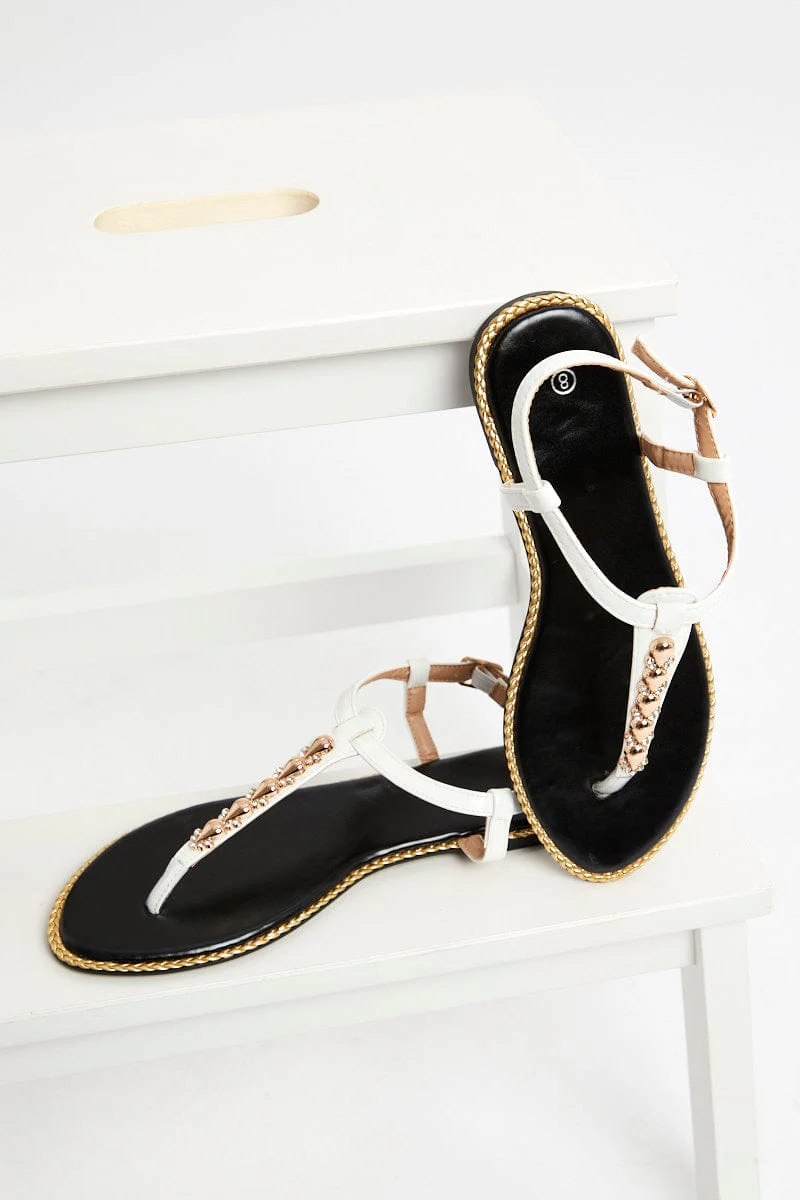 White Stud Detail Flat Sandals