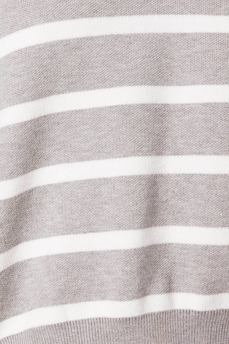 Grey Stripe Knit Top Long Sleeve Collar