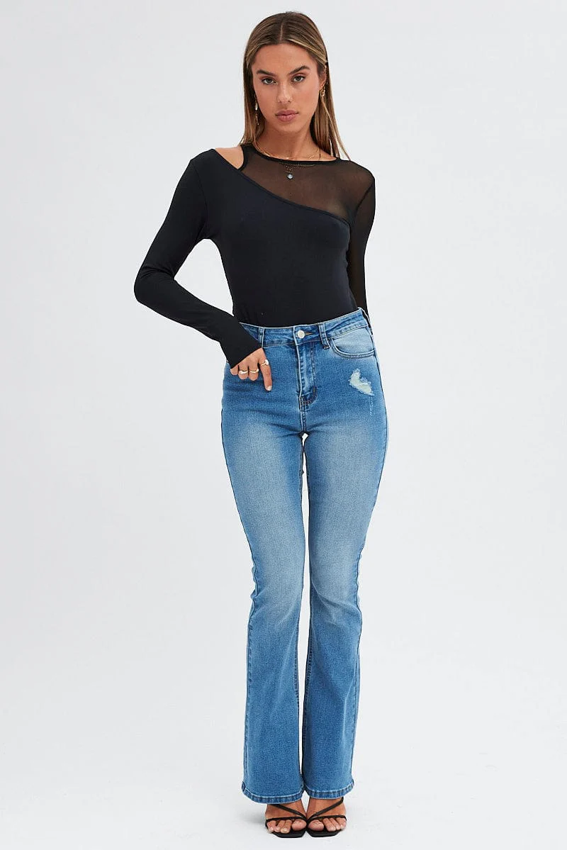 Black Bodysuit Round Neck Long Sleeve