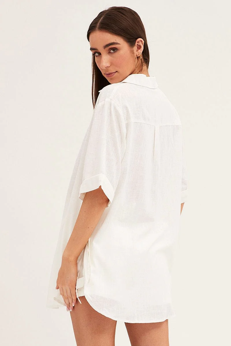 White Long Line Roll Sleeve Collared Button Front Shirt