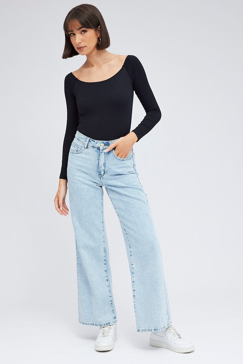 Black Supersoft Bodysuit Long Sleeve Offshoulder