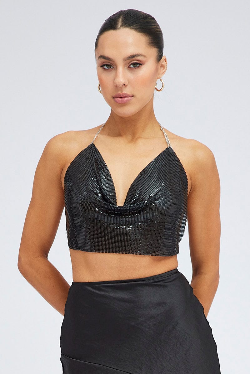 Black Chainmail Top Cowl Neck