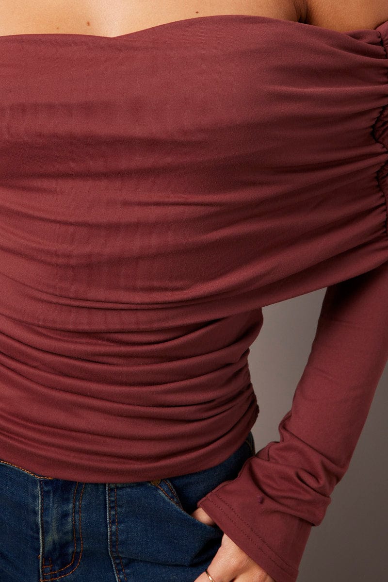 Brown Off Shoulder Top Long Sleeve