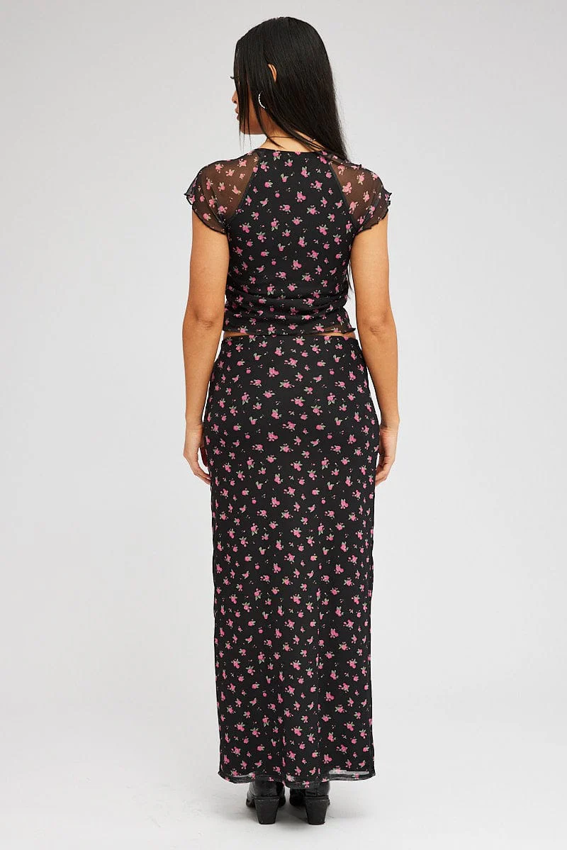 Black Floral Maxi Skirt Pencil High Rise Mesh