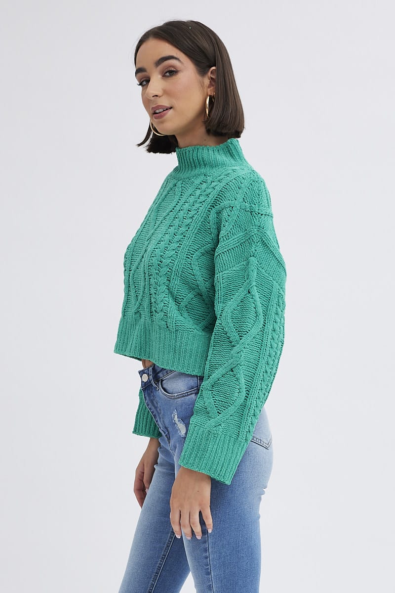 Green Cable Knit Jumper Long Sleeve