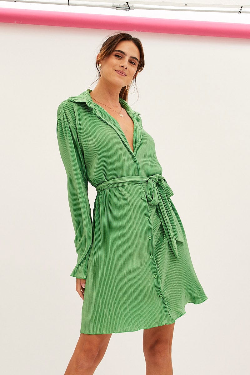 Green Plisse Shirt Dress Front Button