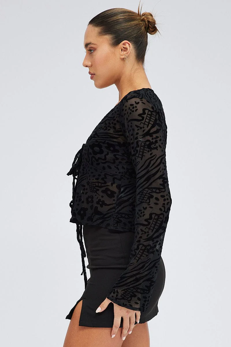 Black Top Long Sleeve Tie front Burnout