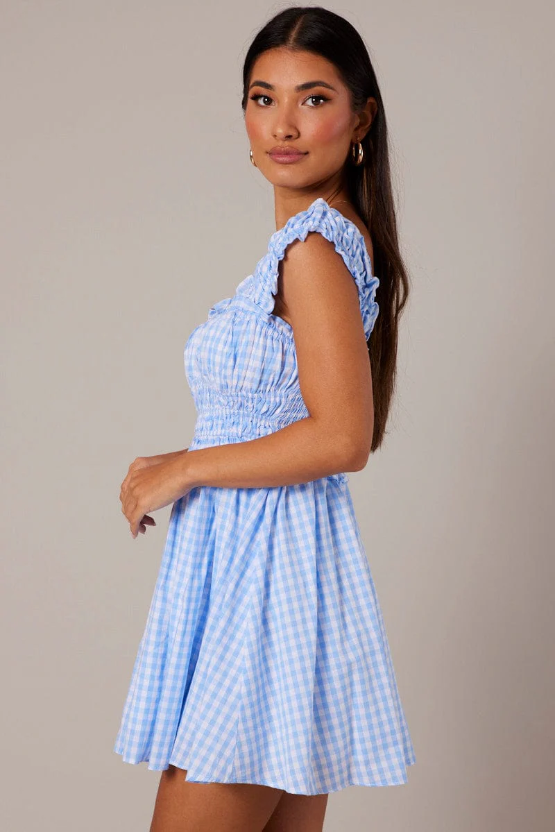 Blue Check Fit And Flare Dress Sleeveless